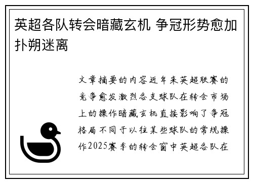 英超各队转会暗藏玄机 争冠形势愈加扑朔迷离