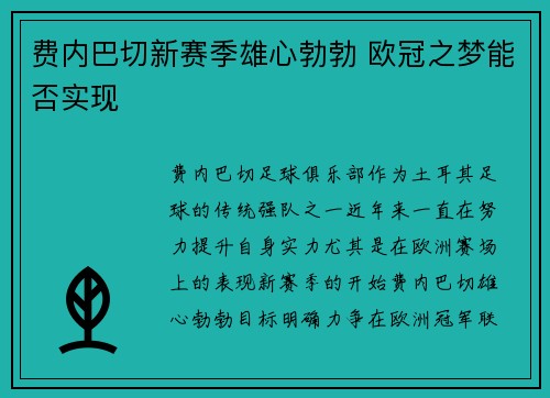 费内巴切新赛季雄心勃勃 欧冠之梦能否实现